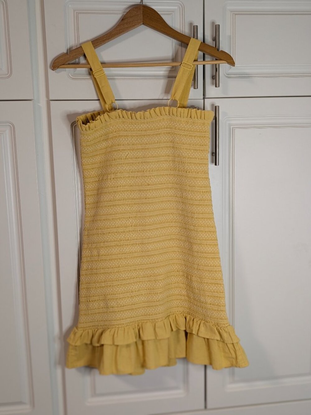 American Eagle Smocked Cotton Linen Ruffle Mini Dress Yellow S Cottagecore EUC - Picture 6 of 12